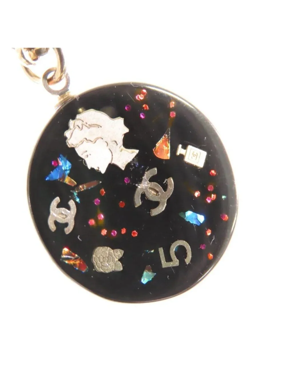 Chanel CC Logo Icon Pendant Gold Black Metal Plastic Camellia Necklace